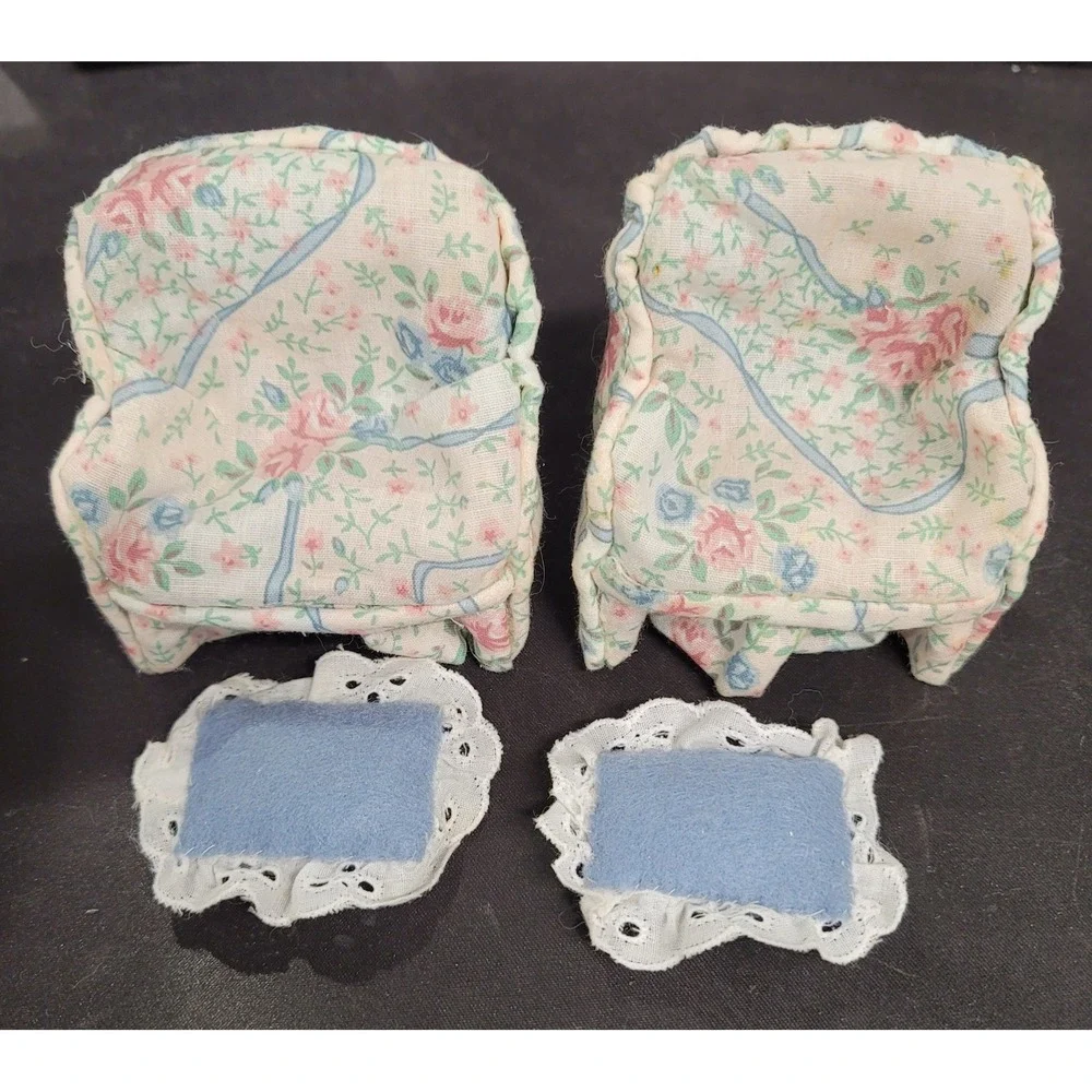 Mini Dollhouse Floral Cloth Covered Pair of Chairs with‎ Pillows